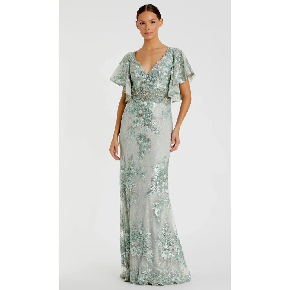 Mac Duggal 67842 Lace Flutter Sleeve Gown 8 Sage Green Sequin Floral Beaded